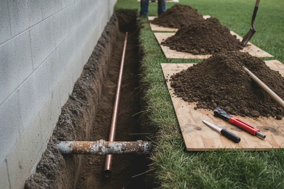 Excavated water line trench during Sewer Line Repair in South Mountain